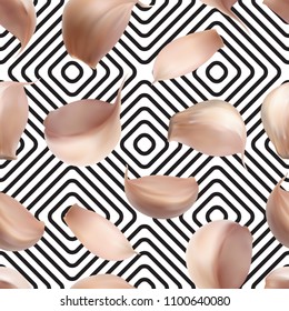 Realistic Garlic Seamless Pattern on Abstract Background Top View. Vector 3d Illustration