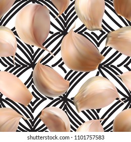 Realistic Garlic Seamless Pattern on Abstract Background Top View. Vector 3d Illustration