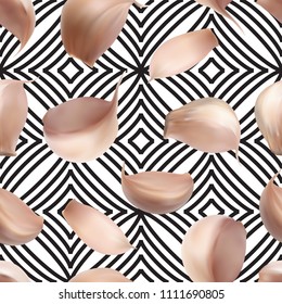 Realistic Garlic Seamless Pattern on Abstract Background Top View. Vector 3d Illustration