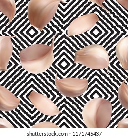 Realistic Garlic Seamless Pattern on Abstract Background Top View. Vector 3d Illustration