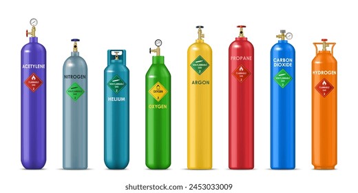 Realistische Gasflaschen aus Wasserstoff, Sauerstoff, Propan und Acetylen Druckgas, Vektorgrafik Metallballons. LPG-Kanister oder Gasspeicherfässer mit Kennzeichnung aus Helium, Argon, Kohlendioxid und Stickstoff