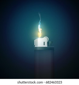 Realistic gas lighter template with burning flame on dark background isolated vector illustration