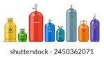 Realistic gas metal cylinders, tank bottles or containers of oxygen, propane and hydrogen, vector LPG canisters. Realistic barrels of compressed gas storage cylinders with argon, helium and nitrogen