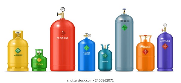 Realistic gas metal cylinders, tank bottles or containers of oxygen, propane and hydrogen, vector LPG canisters. Realistic barrels of compressed gas storage cylinders with argon, helium and nitrogen