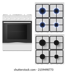 Realistic Gas Stove With Burning And Extinguished Burner Set Vector Illustration. Appliance With Blue Flame Glowing Fire Ring On Kitchen Oven. Lighting Propane Butane In Oven For Cuisine Cooking Food