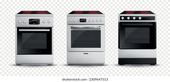 Realistic gas stove set of three isolated images on transparent background with modern style kitchen range vector illustration