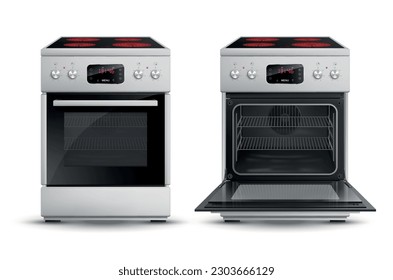 Realistic gas stove set with two isolated images of open and closed hood with electric cooktop vector illustration