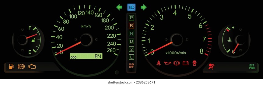 The realistic gasoline engine  automatic transmission car analog full scale kilometer unit instrument panel with digital odometer and trip meter display, and full illumination illustration vector.