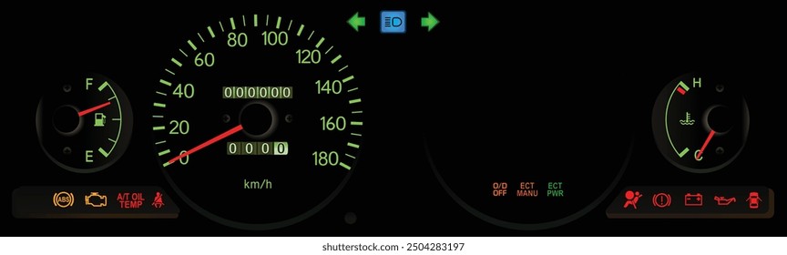 El realista motor de gasolina de transmisión automática analógica del coche japonés 4WD Especificaciones kilómetro unidad panel de instrumentos sin tacómetro y Vector de ilustración de iluminación verde.