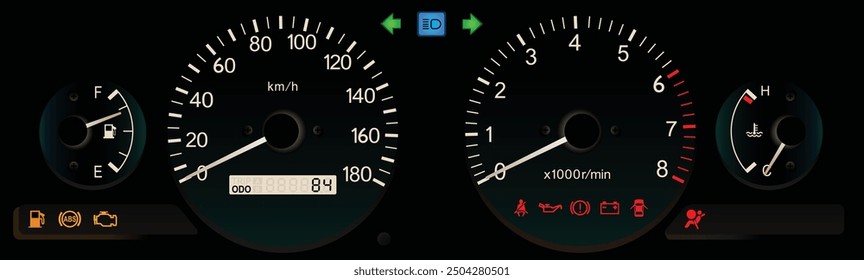 The realistic gasoline engine manual transmission car analog Japanese specs kilometer unit instrument panel with digital odometer and trip meter, and white illumination illustration vector.