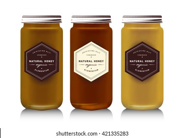 Realistic Gass Jar With With Jam, Configure Or Honey. Food Bank. Packaging Bottle. Label For Honey. Honey Bank. Mock Up Mason Jar With Design Label Or Badges