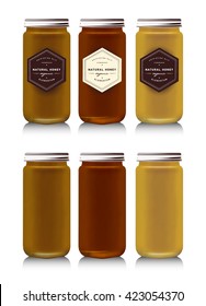Realistic gass jar with with jam, configure or honey. Food bank. Packaging bottle. Label for honey. Honey bank. Mock up mason jar with design label or badges