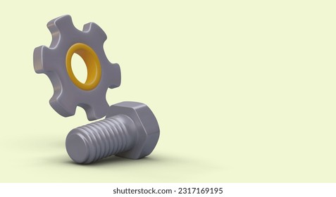 Realistic gear and bolt on light yellow background. Small hardware, repair tools. Settings and technical support service. Modern color banner for web design