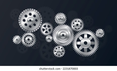 Realistic gears banner. Silver cogwheels collection. Metaphor of teamwork, collaboration and cooperation. Organization of effective workflow in company, coworking. Isometric vector illustration