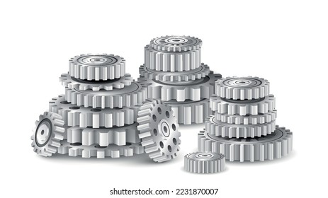 Realistic gears stack. Set of silver gears. Mechanism and automation. Poster or banner for website. Efficient workflow, teamwork, partnership and communication. Isometric vector illustration