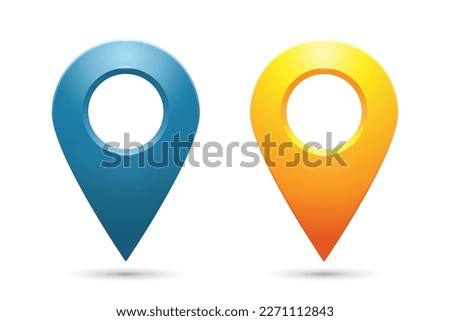 Realistic geolocation icons in blue and yellow on a white background. A set of geolocation map pin code icons. Vector EPS 10.