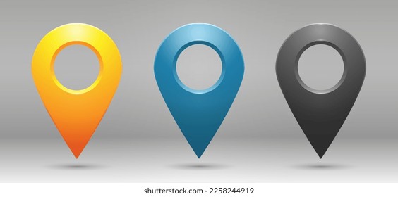 Realistic geolocation icons in yellow, blue and gray on a gradient background. A set of three pin-code icons of the geolocation map. Vector EPS 10.