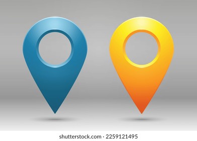 Realistic geolocation icons in yellow and blue on a gradient background. A set of geolocation map pin code icons. Vector illustration.