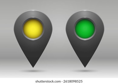 Realistic geolocation icons in yellow and blue on a gradient background. A set of geolocation map pin code icons. Vector illustration.