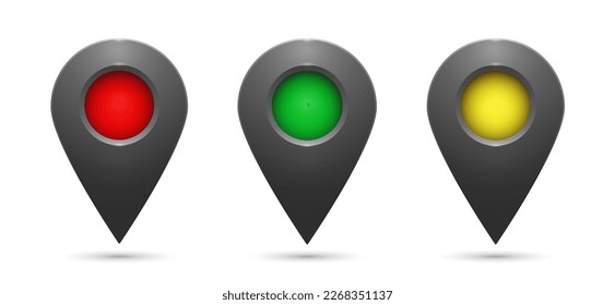 Realistic geolocation icons with yellow, green and red inserts on a white background. A set of three pin-code icons of the geolocation map. Vector EPS 10.