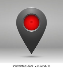 Realistic geolocation map pin code icon. The geolocation icon is dark gray with highlights, shadows and a red insert on a gradient background. Vector EPS 10.