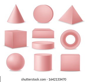 Realistic geometric elements 3d set, isolated, pink forme, abstract banner, graphic design, modern vector illustration