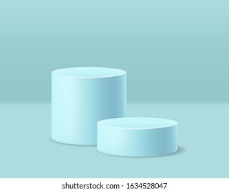 Realistic geometric forme scene, blue background, minimal forme isolated, abstract banner, cylinder 3d vector illustration 