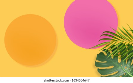 Realistic geometric forme scene, tropical background, minimal forme isolated, abstract banner, sphere 3d orange and pink vector illustration 