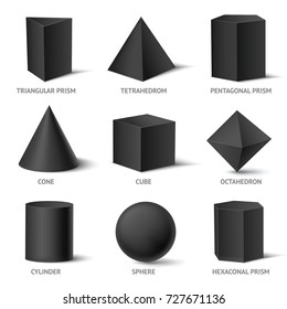 Realistic geometric shapes black set with isolated three-dimensional geometric objects with text and shadows vector illustration