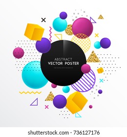 Realistic geometric shapes poster with composition of flat and solid bodies colorful geometrical entities with text vector illustration