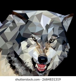 Un lobo geométrico realista sobre un fondo negro.