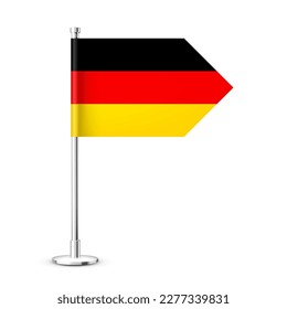 Realistic German table flag on a chrome steel pole. Souvenir from Germany. Desk flag made of paper or fabric and shiny metal stand. Mockup for promotion and advertising. Vector illustration