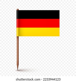 Realistic German toothpick flag. Souvenir from Germany. Wooden toothpick with paper flag. Location mark, map pointer. Blank mockup for advertising and promotions. Vector illustration