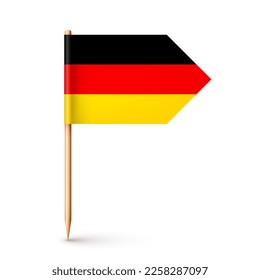 Realistic German toothpick flag. Souvenir from Germany. Wooden toothpick with paper flag. Location mark, map pointer. Blank mockup for advertising and promotions. Vector illustration
