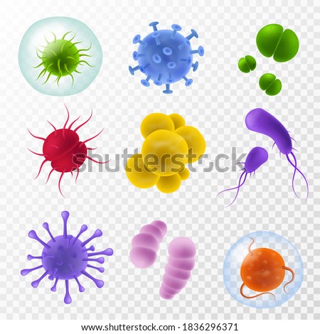 Realistic germs. Microscopic bacillus and infection cells, colorful bacteria and microorganism icon, covid flu viruses collection, human microbiology 3d vector isolated on transparent background set