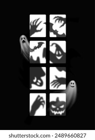 Realistic ghost monster silhouettes at Halloween window. Eerie shadows of spooks, creepy hands and bats ethereal forms dancing in the darkness, casting a spine-chilling ambiance on the spooky night