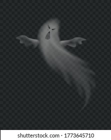 Realistic ghost, scary monster for halloween. Spooky phantom silhouette isolated on transparent background. Flying poltergeist figure with frightening face, ghoul vector illustration