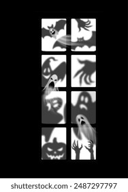 Realistic ghosts and monster silhouettes at Halloween window with vector transparent shadows. Halloween holiday background with silhouettes of scary pumpkin, zombie hands and flying bats in window