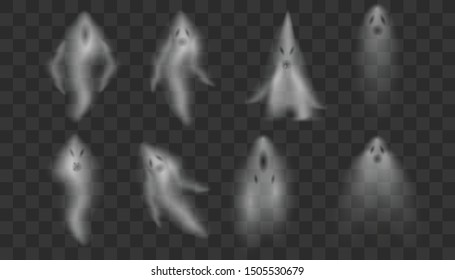 Realistic Ghosts on transparent background. 
Scary halloween apparition face, ghostly phantom fly figure or night dead ghoul. Happy Halloween background