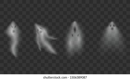 Realistic Ghosts on transparent background. 
Ghostly phantom fly figure or night dead ghoul. Happy Halloween background