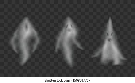 Realistic Ghosts on transparent background. 
Scary halloween apparition face, ghostly phantom fly figure or night dead ghoul. Happy Halloween background