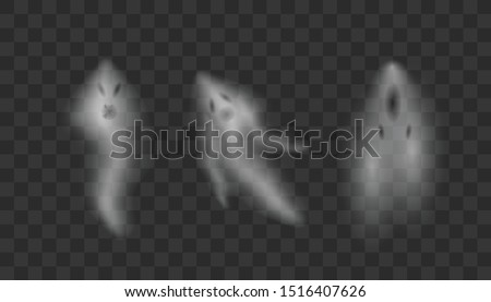 Realistic Ghosts on transparent background. 
Scary halloween apparition face, ghostly phantom fly figure or night dead ghoul. Happy Halloween background