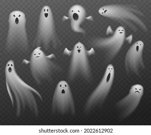 Realistic ghosts. Transparent different Halloween phantoms. Isolated flying spooky dead souls. Angry poltergeists. Mystical shadows with different emotions. Vector wandering spirits set