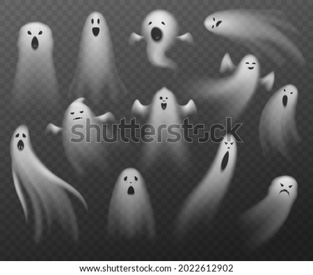 Realistic ghosts. Transparent different Halloween phantoms. Isolated flying spooky dead souls. Angry poltergeists. Mystical shadows with different emotions. Vector wandering spirits set
