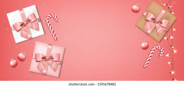 Realistic gift with bow and ball isolated, pink background, christmas candy and lights, merry christmas, celebration banner vector illustration