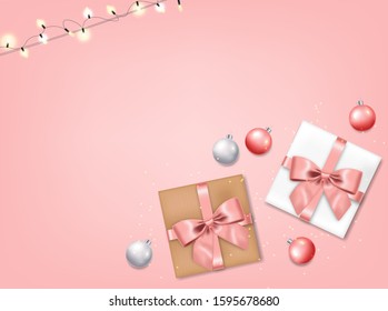 Realistic gift with bow and ball isolated, pink background, christmas candy and lights, merry christmas, celebration banner vector illustration