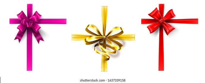 Realistic Gift Bow. Cross Ribbon With Bow, Decorating Gift Box Ribbons. Pink, Gold And Red Bows Vector Set. Collection Of Decorative Tied Satin Tapes, Elegant Holiday Present Wrapping Decorations.