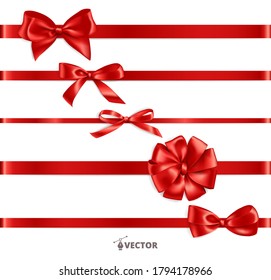 Realistic gift bow. Red ribbon isolated on white. Vector holiday decoration. Great for christmas and birthday cards, valentine or shopping sale banners. Easy to change colors and reposition the bow. 