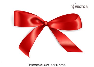 Realistic gift bow. Red ribbon isolated on white. Vector holiday decoration. Great for christmas and birthday cards, valentine or shopping sale banners. Easy to change colors.