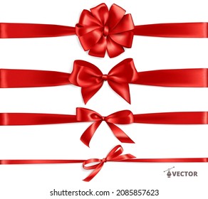 Realistic gift bow. Red ribbon isolated on white. Vector holiday decoration. Great for christmas and birthday cards, valentine or shopping sale banners. Easy to change colors. 